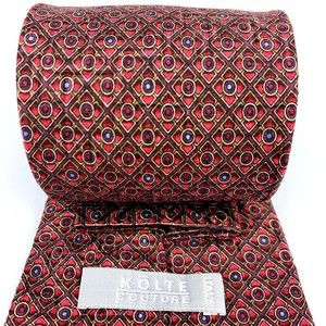 KOLTE Couture Red Plaid Circles Dots Geometric 100% Silk Necktie Hand Made Italy